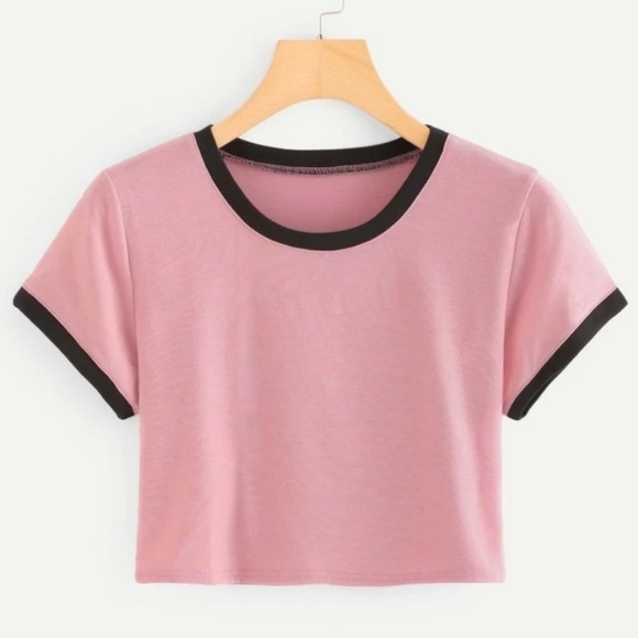 ROMWE Women’s Short-Sleeve Baseball Pattern Cropped Shirt - pink & black, size L - Picture 1 of 7